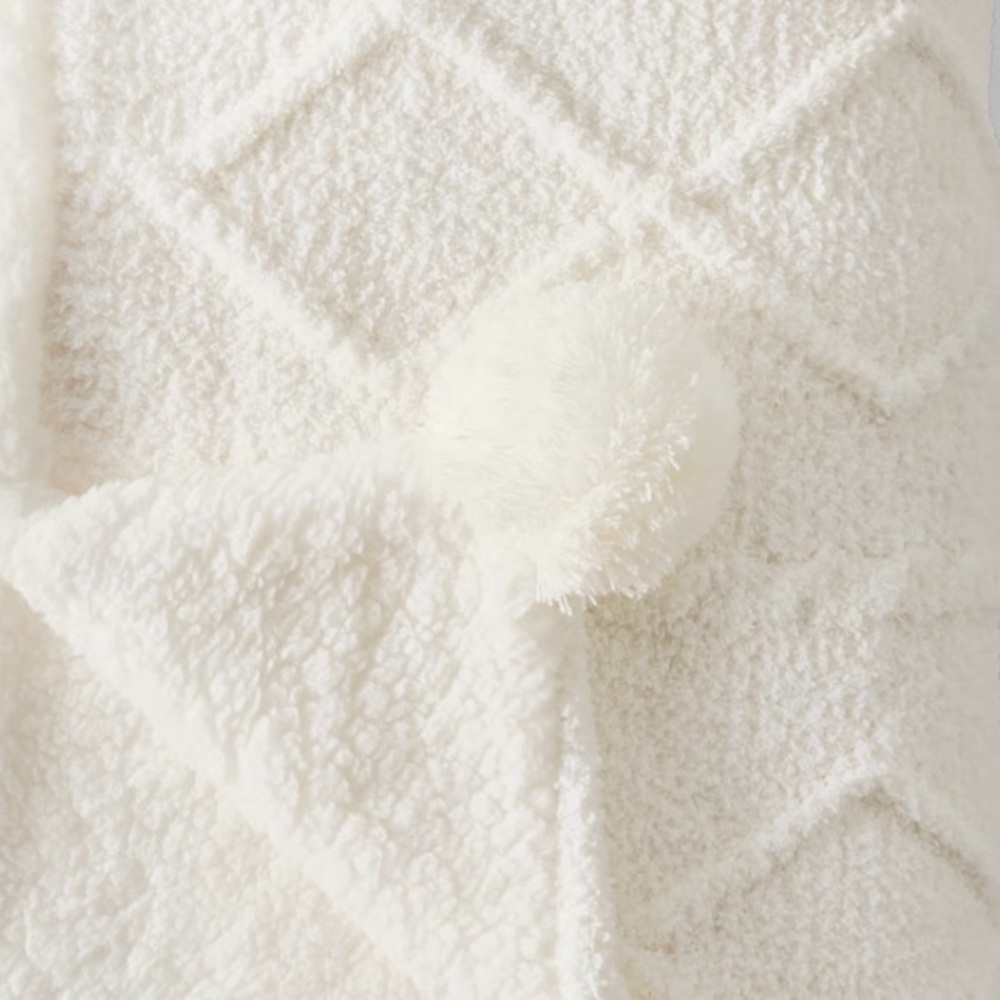 Cozy White Textured Blanket with Pom Poms - Picture 3 of 4